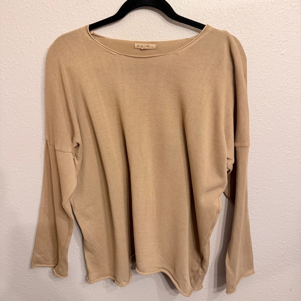 It Is Well LA Tan Cotton Knit Oversized Boat Neck Sweater Small Made in USA